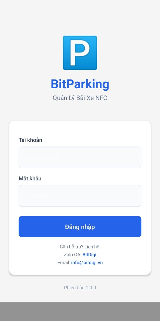 Màn hình check-in phần mềm giữ xe BitParking - quẹt thẻ NFC để ghi nhận xe vào bãi